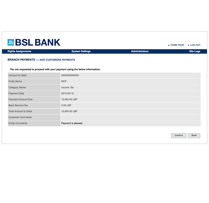 BSL Bank - MOF e-Taxation Payment Portal Screen 3