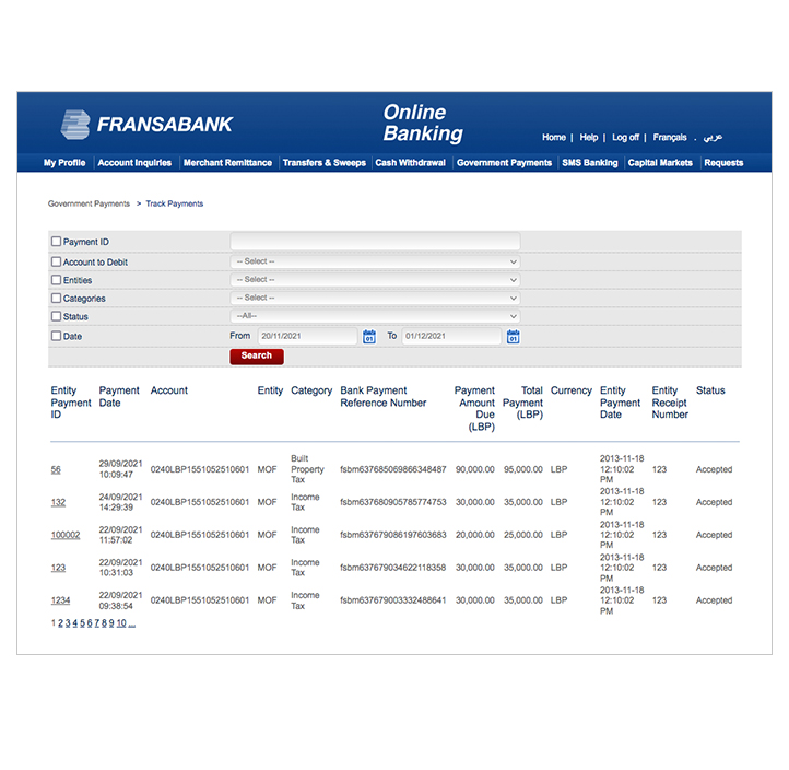 Fransabank - MOF e-Taxation Payment Portal Screen