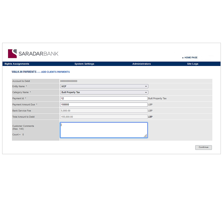 Saradar Bank - MOF e-Taxation Payment Portal Screen 1