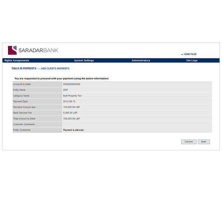 Saradar Bank - MOF e-Taxation Payment Portal Screen 2