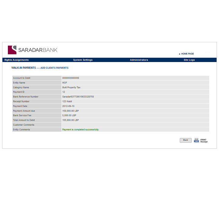 Saradar Bank - MOF e-Taxation Payment Portal Screen 3