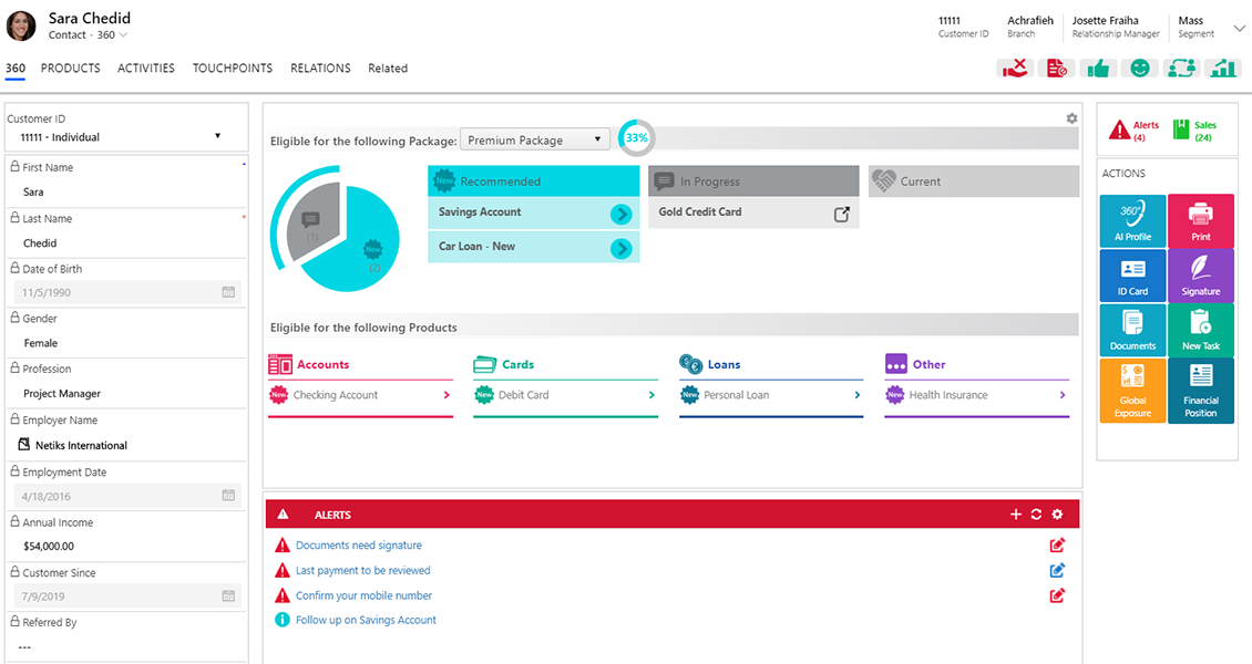 Netiks 360Bank allows you to display customer information fetched from multiple sources